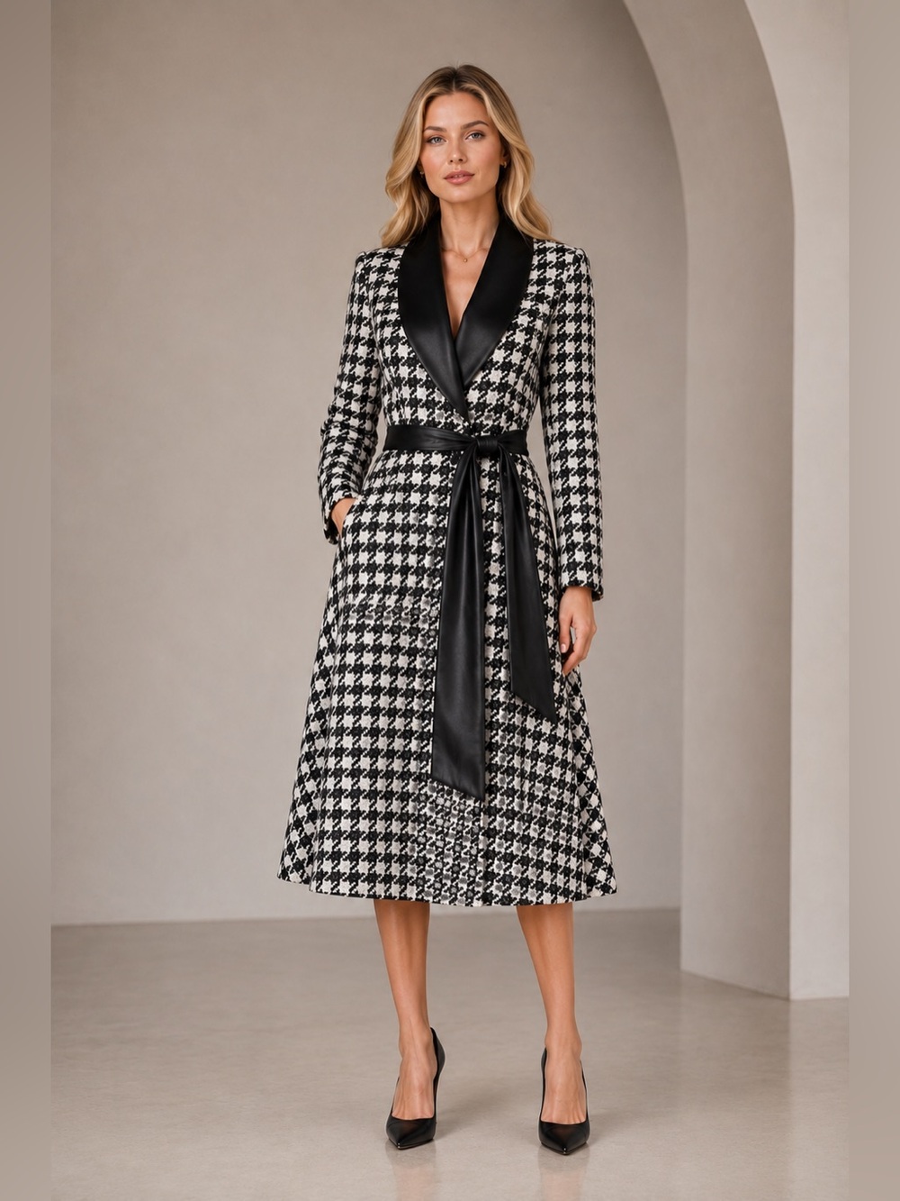 Elegant Black & White Houndstooth Midi Coat Dress with Belt size S